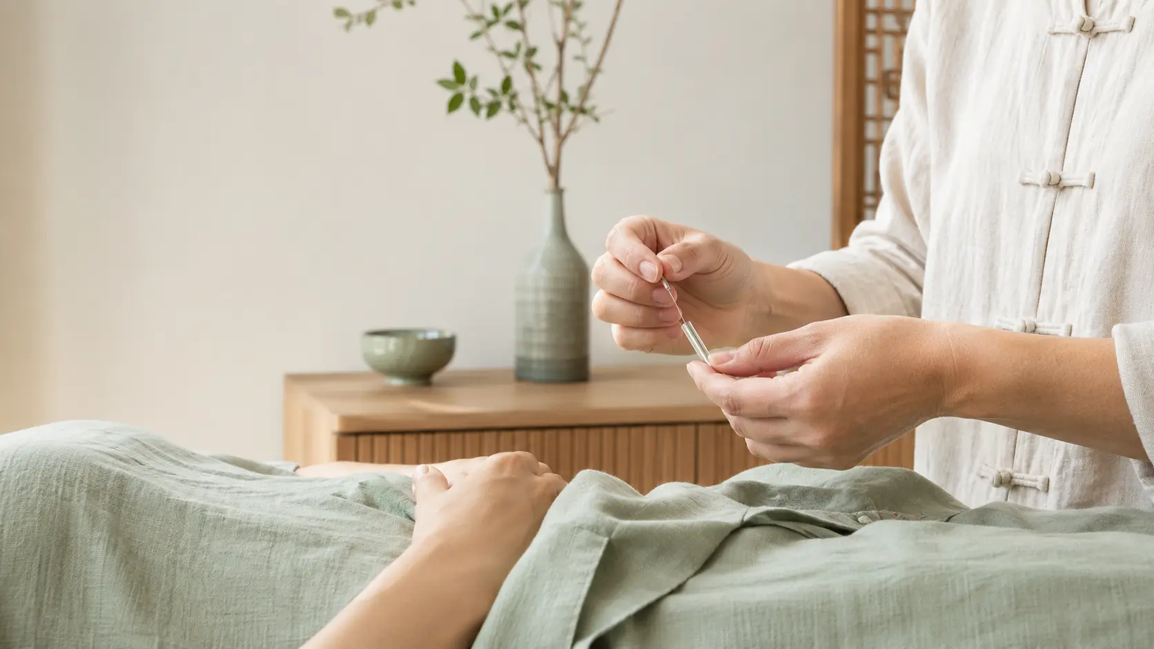 Acupuncture practitioner preparing treatment in a calm clinic room